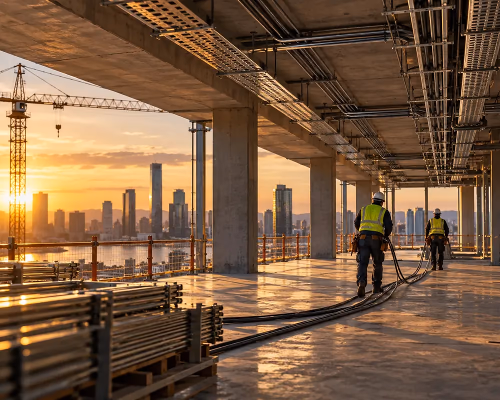 Electricians pulling cable along cable trays on a floor of a building under construction